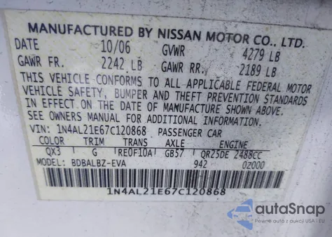 2007 Nissan Altima 2.5 S z USA, uszkodzony, nr VIN 1N4AL21E67C120868